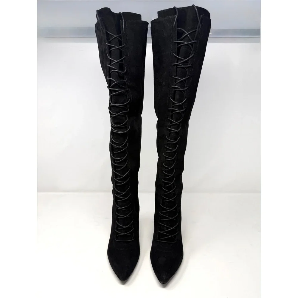 Stuart Weitzman Black Suede Lace Up Knee High Block Heel Boots 8M 51359